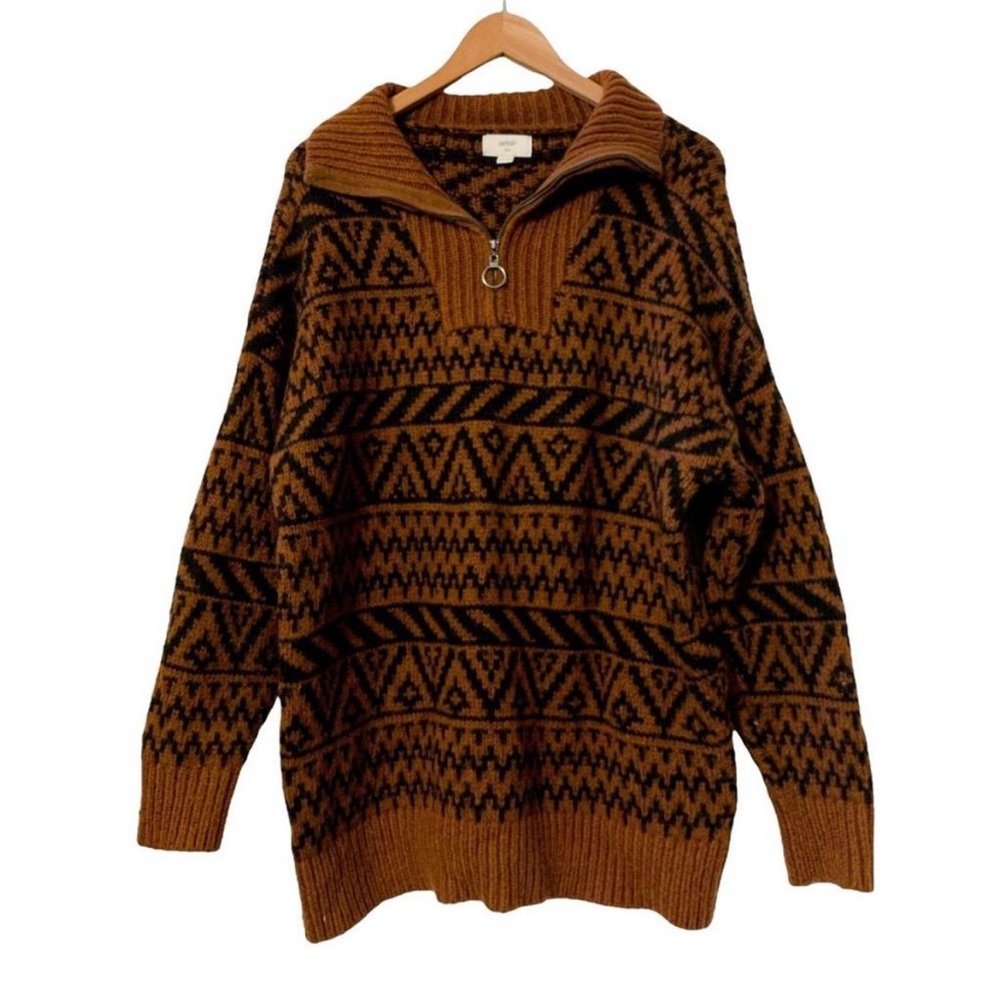 Aerie Brown and Black Fair Isle Printed Zip Up Sweater